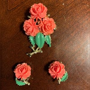 Vintage Gold Tone Rose Clip-On Earrings and Brooch